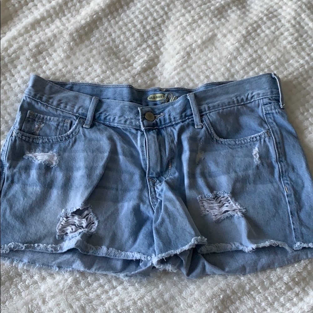 Denim cutoff shorts.
